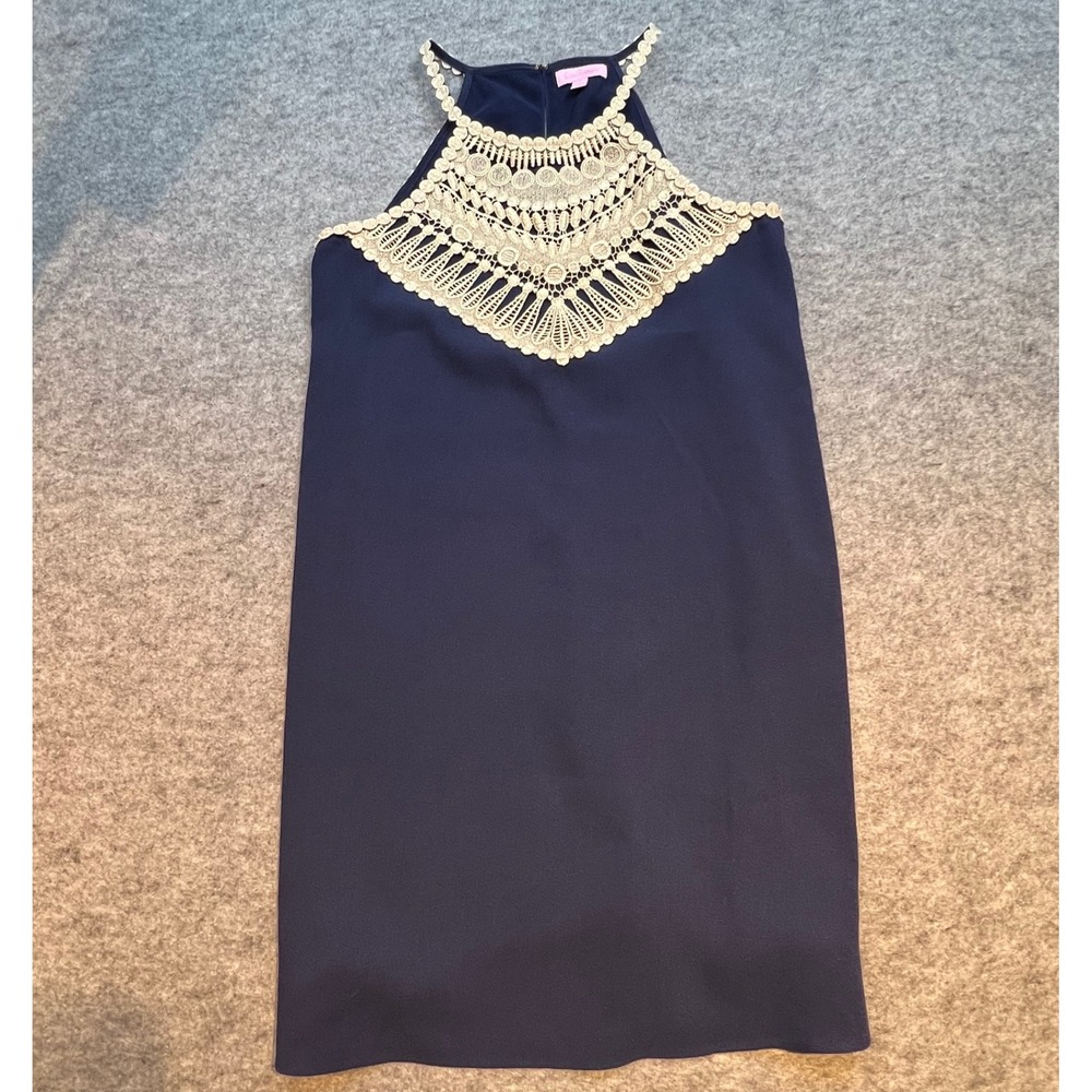 Lilly Pulitzer Navy Halter Dress Gold Lace Detail‎ Sleeveless Size 4